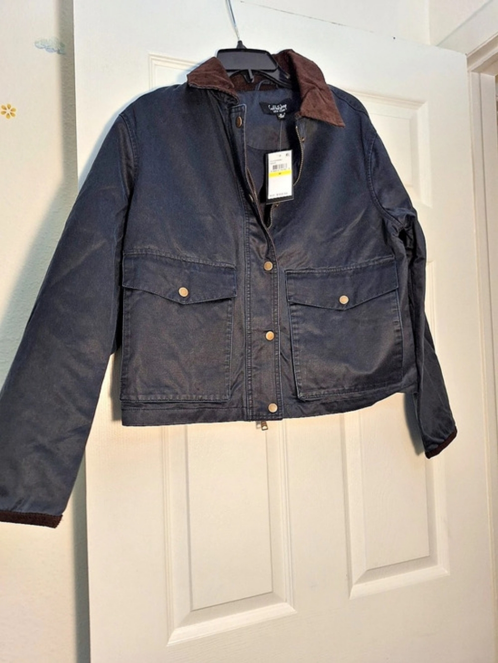 CoffeeShop Juniors' Corduroy-Collar Barn Jacket Navy Blue Size L RUN LARGE